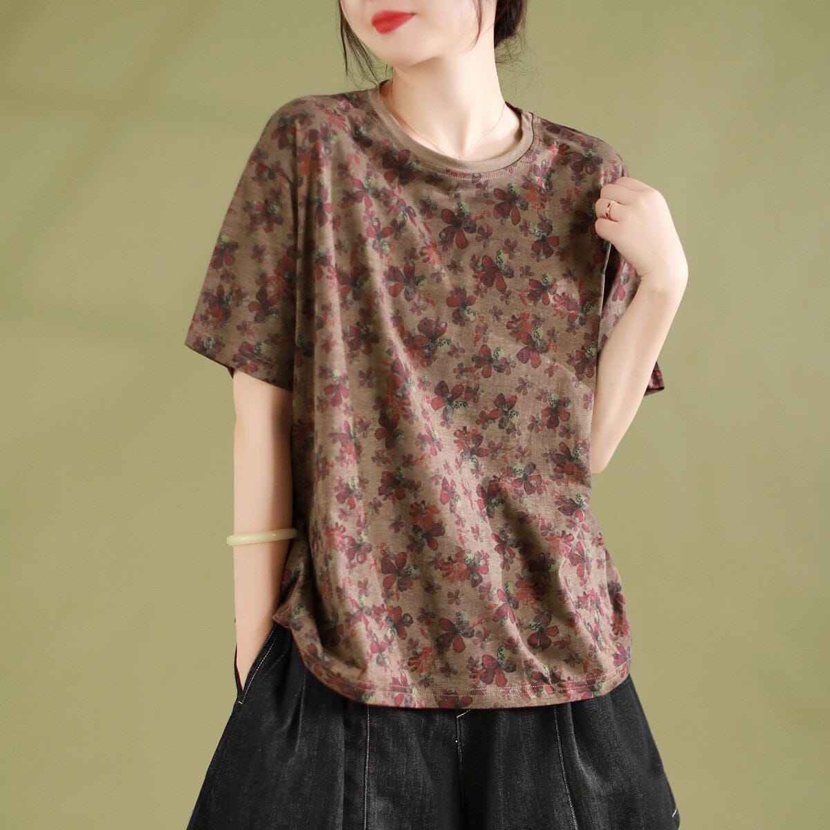 Women Summer Floral Cotton Casual T-Shirt Jun 2023 New Arrival Pink One Size 