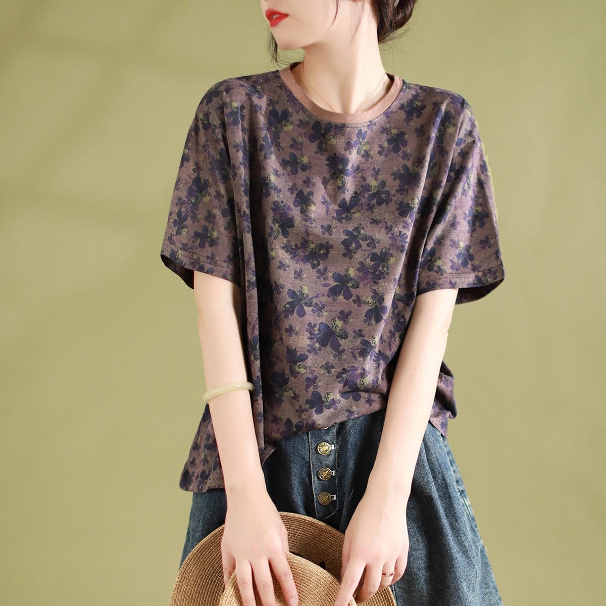 Women Summer Floral Cotton Casual T-Shirt Jun 2023 New Arrival Purple One Size 