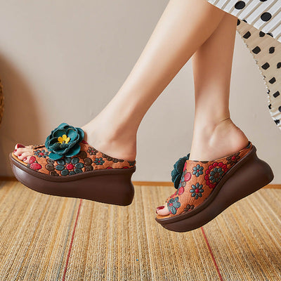 Women Summer Floral Leather Slipsole Casual Slippers