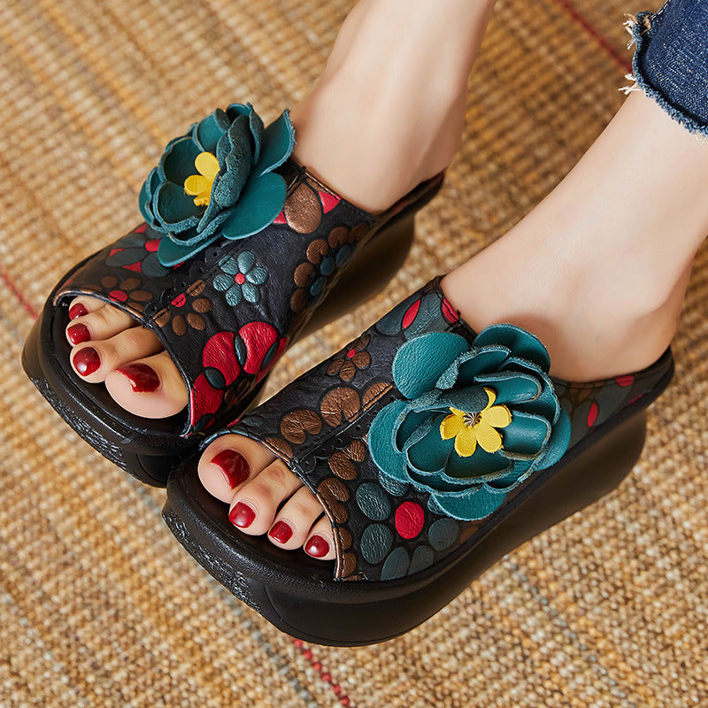 Women Summer Floral Leather Slipsole Casual Slippers