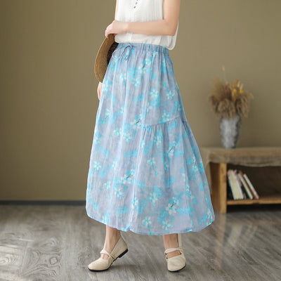 Women Summer Floral Print Casual A-Line Skirt May 2023 New Arrival One Size Blue 