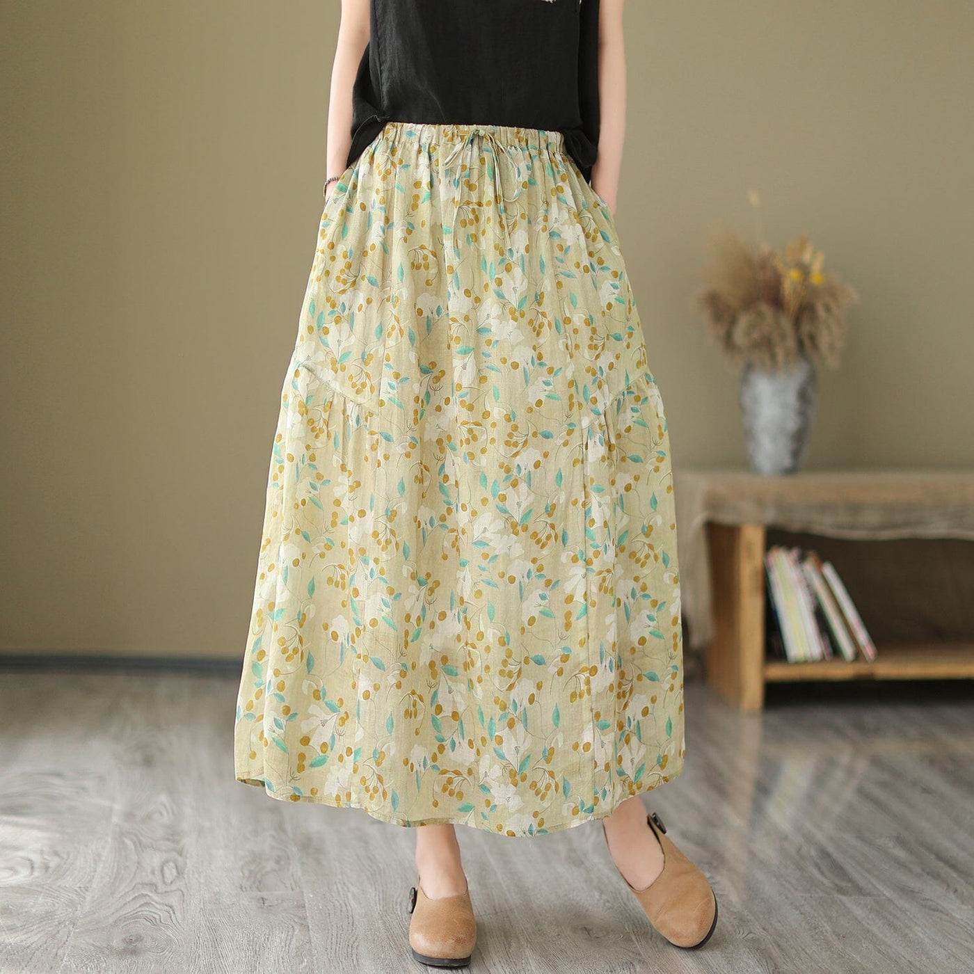 Women Summer Floral Print Casual A-Line Skirt May 2023 New Arrival One Size Green 