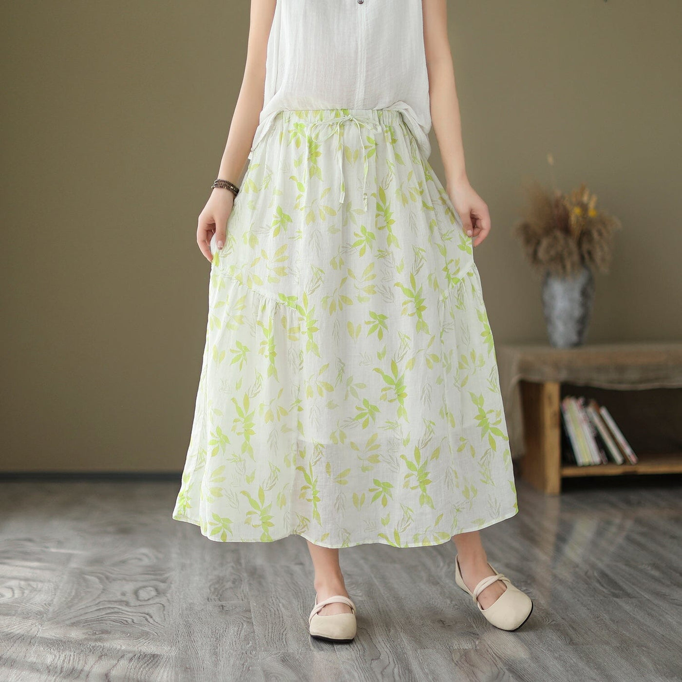 Women Summer Floral Print Casual A-Line Skirt May 2023 New Arrival One Size Light Green 