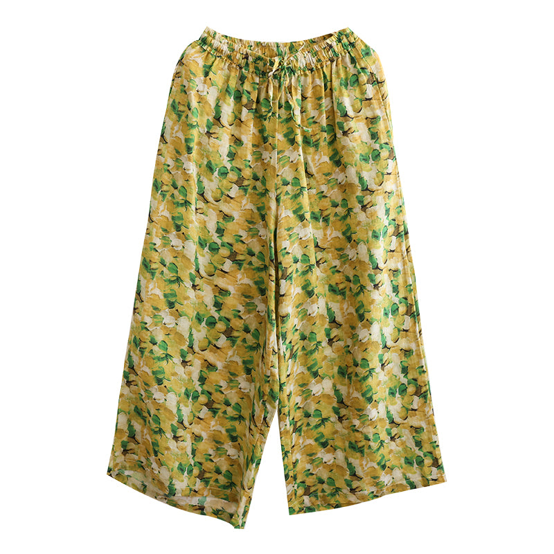Women Summer Floral Printed Linen Loose Wide-Leg Pants Jun 2022 New Arrival 
