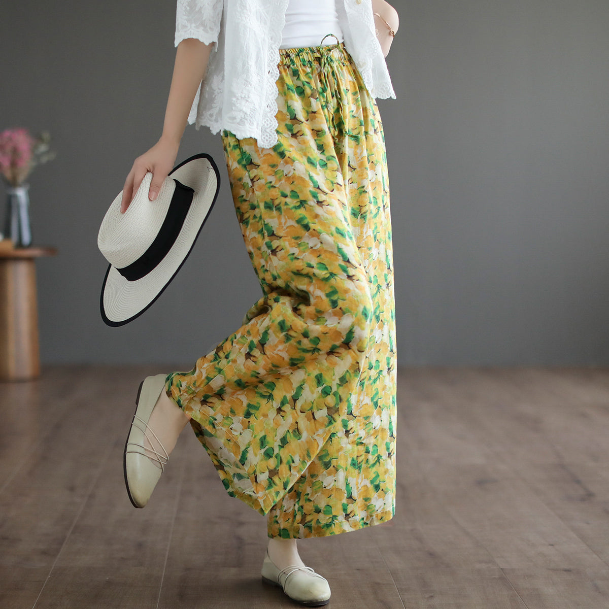 Women Summer Floral Printed Linen Loose Wide-Leg Pants