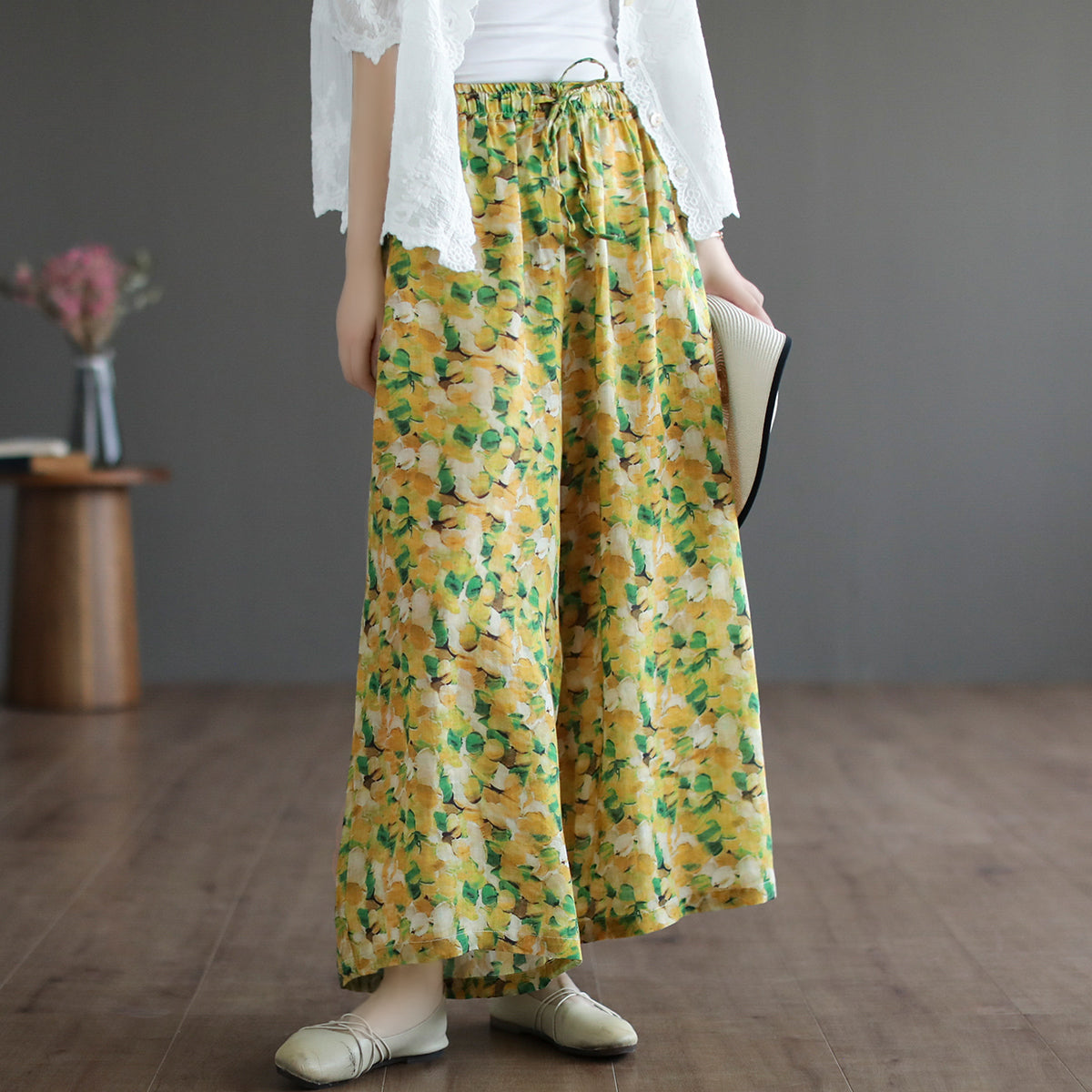Women Summer Floral Printed Linen Loose Wide-Leg Pants