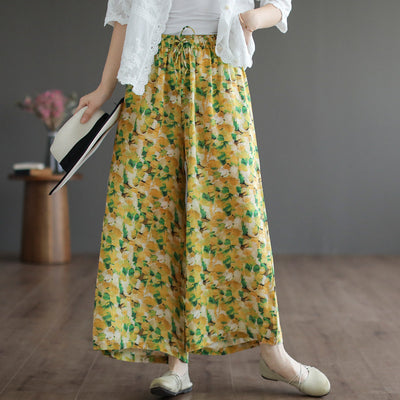 Women Summer Floral Printed Linen Loose Wide-Leg Pants Jun 2022 New Arrival One Size Yellow 