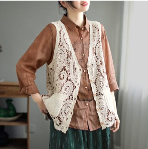 Women Retro Hollow Lace Cotton Vest