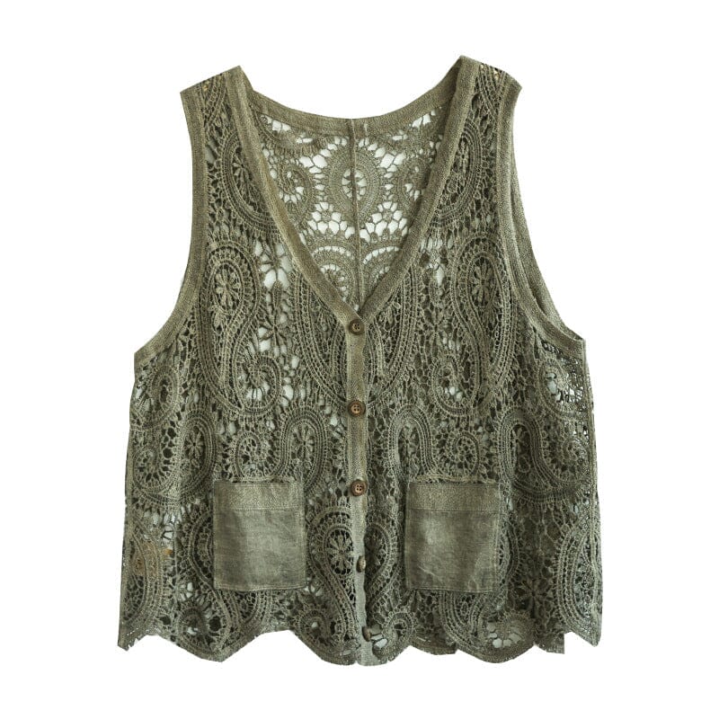 Women Retro Hollow Lace Cotton Vest