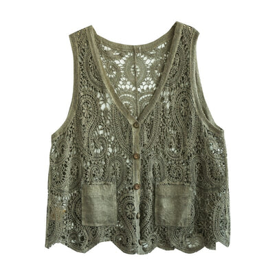 Women Retro Hollow Lace Cotton Vest