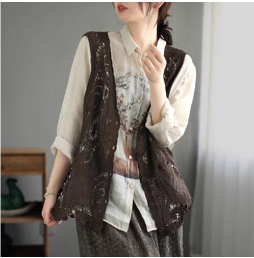 Women Summer Hollow Casual Fashion Waistcoat Mar 2023 New Arrival Coffee One Size 