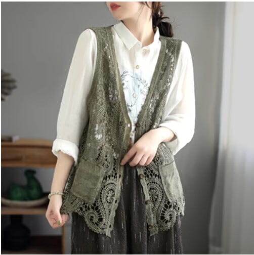Women Summer Hollow Casual Fashion Waistcoat Mar 2023 New Arrival Green One Size 