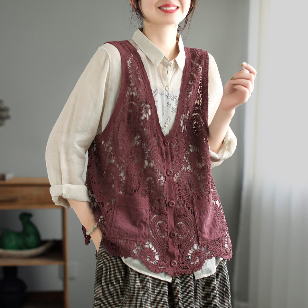 Women Summer Hollow Casual Fashion Waistcoat Mar 2023 New Arrival Wine Red One Size 