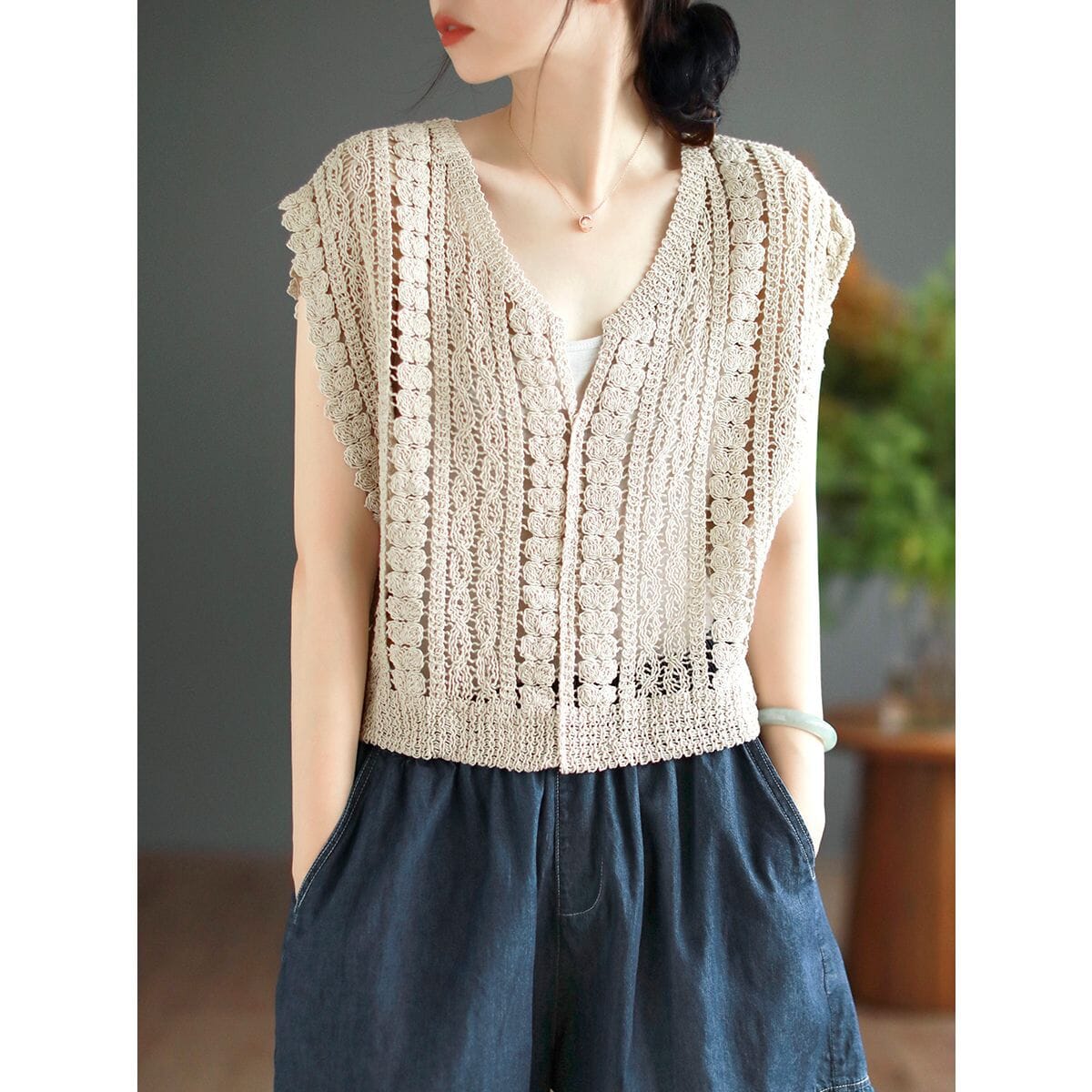 Women Summer Hollow Cotton Knitted Stylish T-Shirt Jul 2023 New Arrival Apricot One Size 