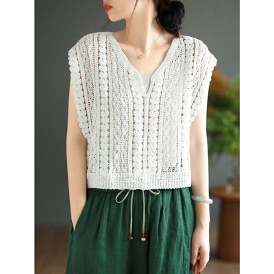 Women Summer Hollow Cotton Knitted Stylish T-Shirt Jul 2023 New Arrival White One Size 