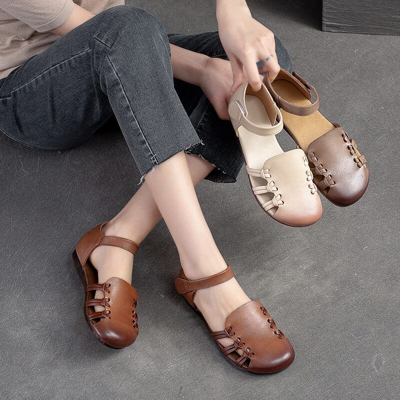Women Summer Hollow Leather Flat Casual Sandals May 2023 New Arrival 