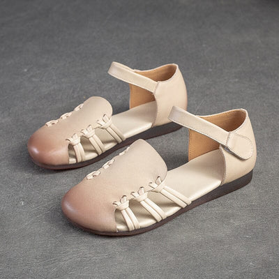 Women Summer Hollow Leather Flat Casual Sandals May 2023 New Arrival Beige 35 