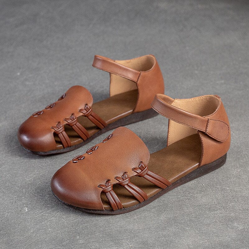 Women Summer Hollow Leather Flat Casual Sandals May 2023 New Arrival Brown 35 