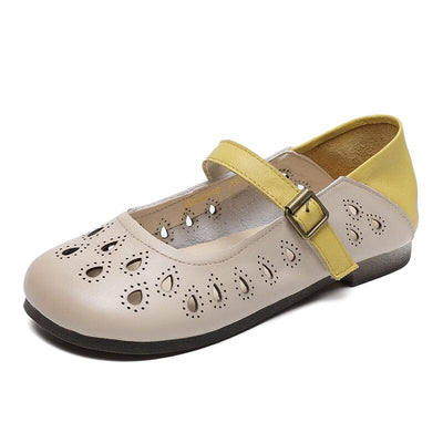 Women Summer Hollow Leather Flat Casual Shoes Jun 2023 New Arrival Beige 35 