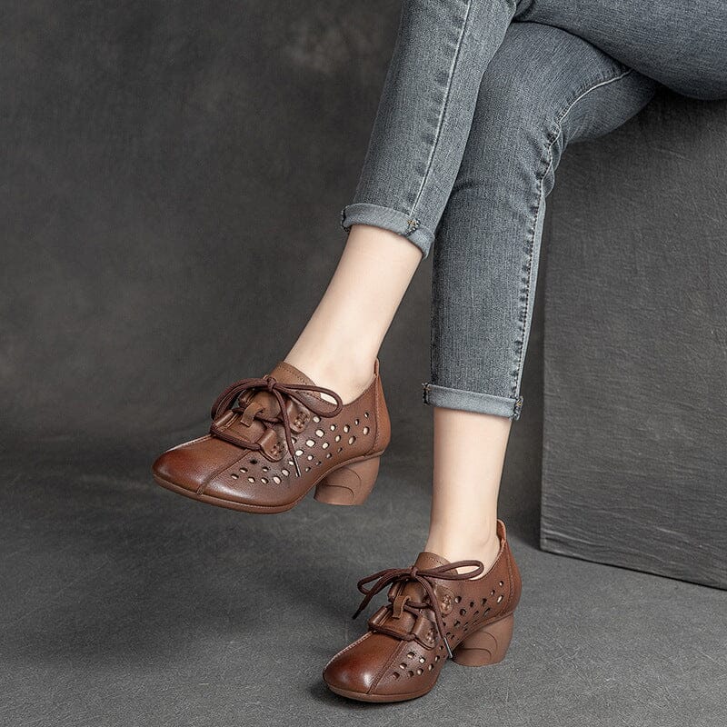 Women Summer Hollow Leather Heels Casual Shoes Feb 2023 New Arrival 