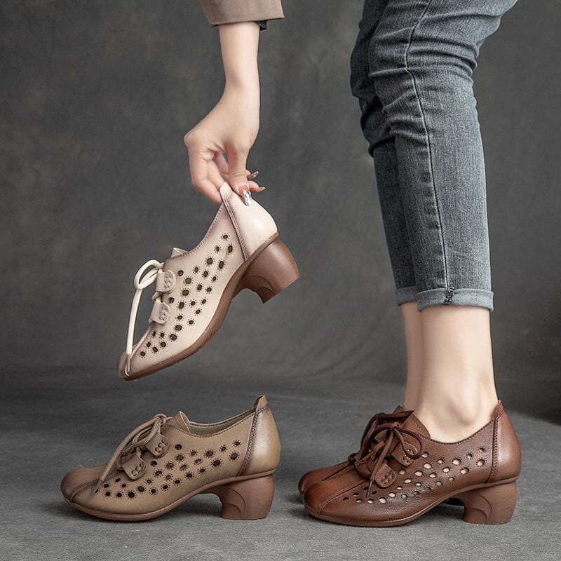 Women Summer Hollow Leather Heels Casual Shoes