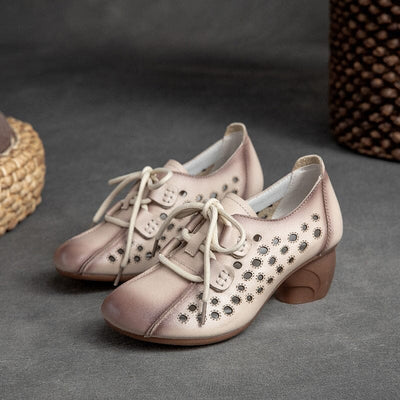 Women Summer Hollow Leather Heels Casual Shoes Feb 2023 New Arrival Beige 35 