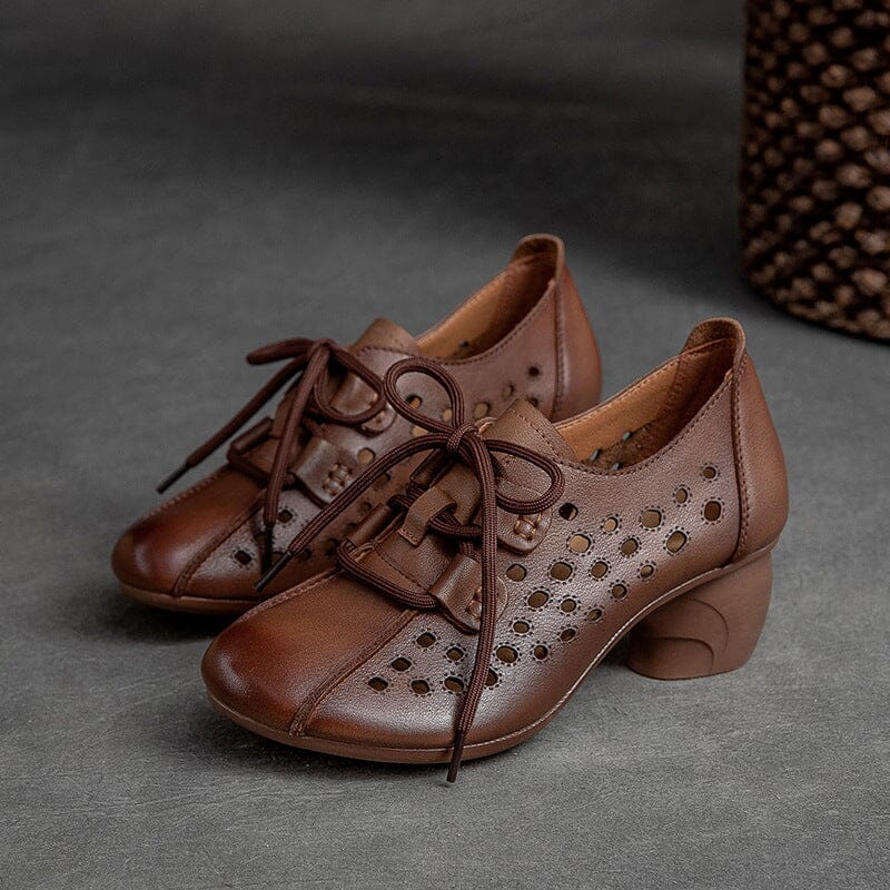 Women Summer Hollow Leather Heels Casual Shoes Feb 2023 New Arrival Brown 35 