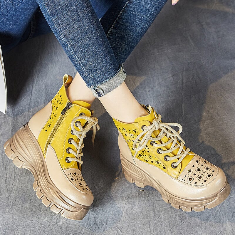 Women Summer Hollow Leather Platform Boots Feb 2023 New Arrival Yellow 35 