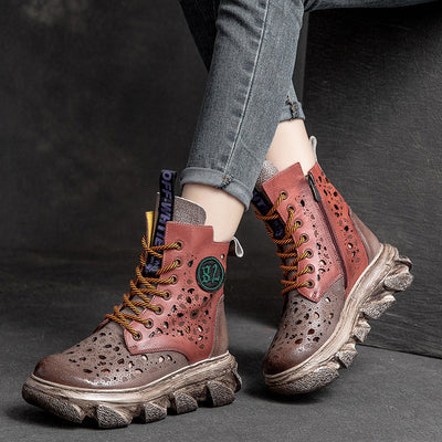 Women Summer Hollow Leather Platform Boots