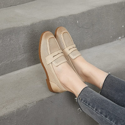 Women Summer Hollow Leather Retro Loafers