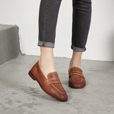 Women Summer Hollow Leather Retro Loafers