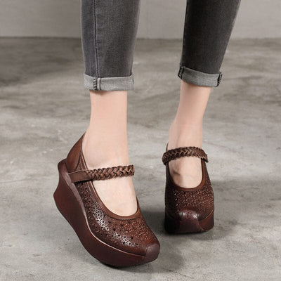 Women Summer Hollow Leather Retro Wedge Sandals Mar 2023 New Arrival 