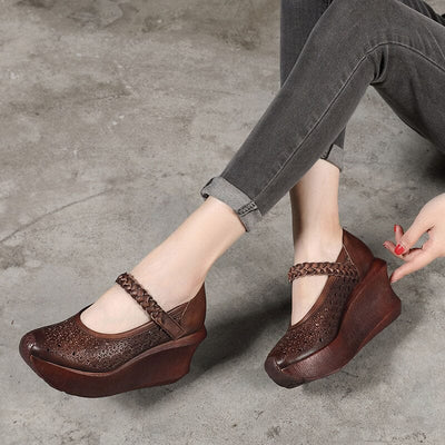 Women Summer Hollow Leather Retro Wedge Sandals