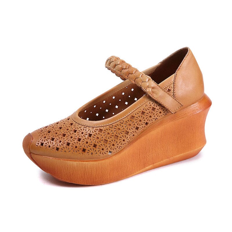 Women Summer Hollow Leather Retro Wedge Sandals Mar 2023 New Arrival Apricot 35 