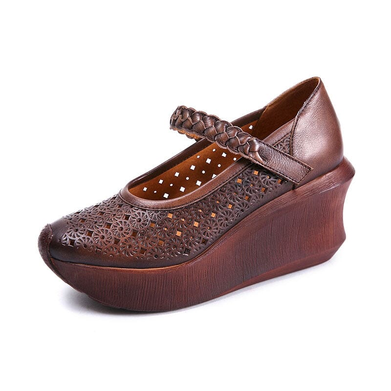 Women Summer Hollow Leather Retro Wedge Sandals Mar 2023 New Arrival Coffee 35 