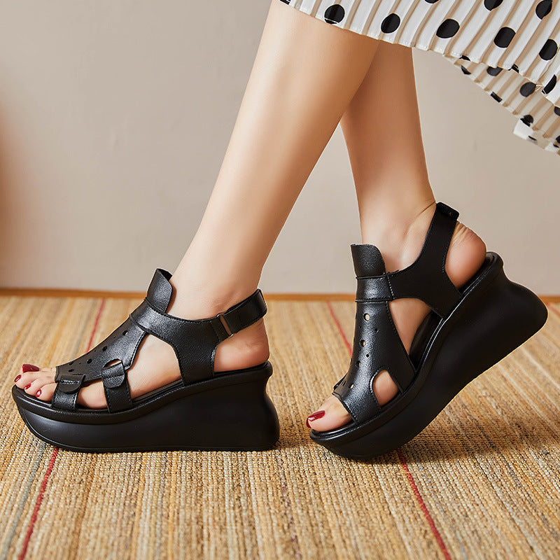 Women Summer Hollow Leather Slipsole Sandals