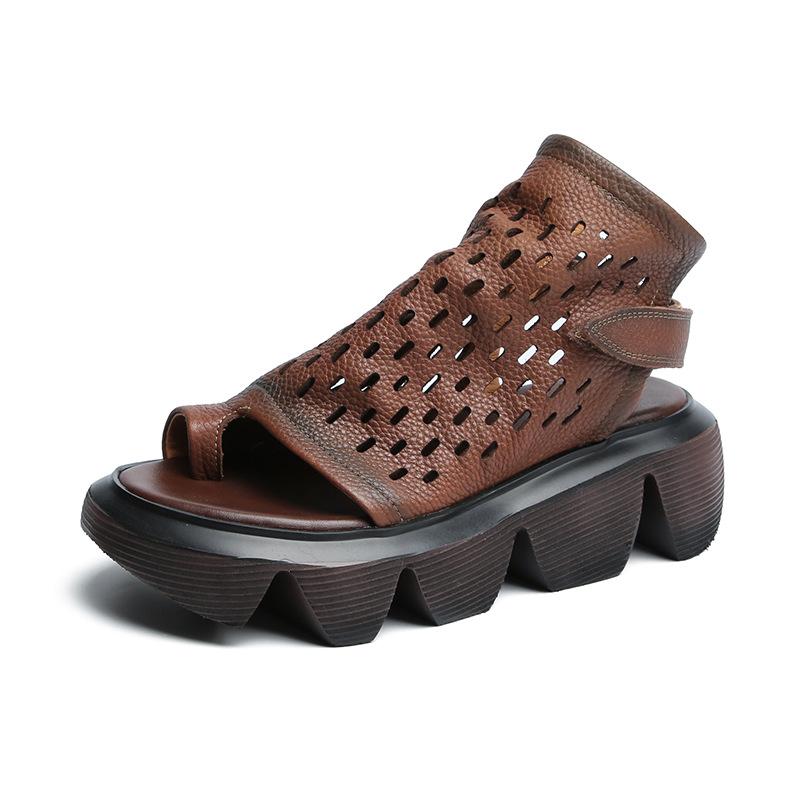 Women Summer Hollow Leather Velcro Sandals Aug 2021 New-Arrival 35 Coffee 