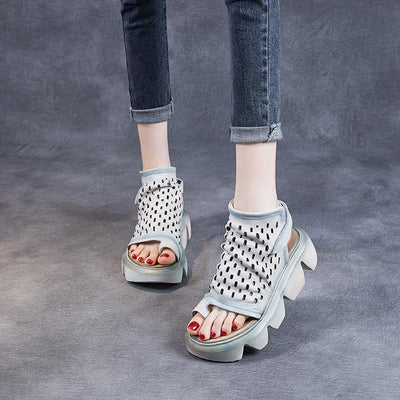 Women Summer Hollow Leather Velcro Sandals