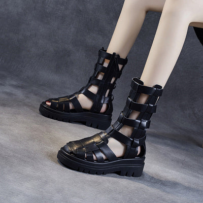 Women Summer Hollow Plaited Leather Boots May 2022 New Arrival Black 35 
