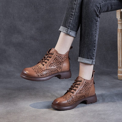Women Summer Hollow Retro Leather Ankle Boots