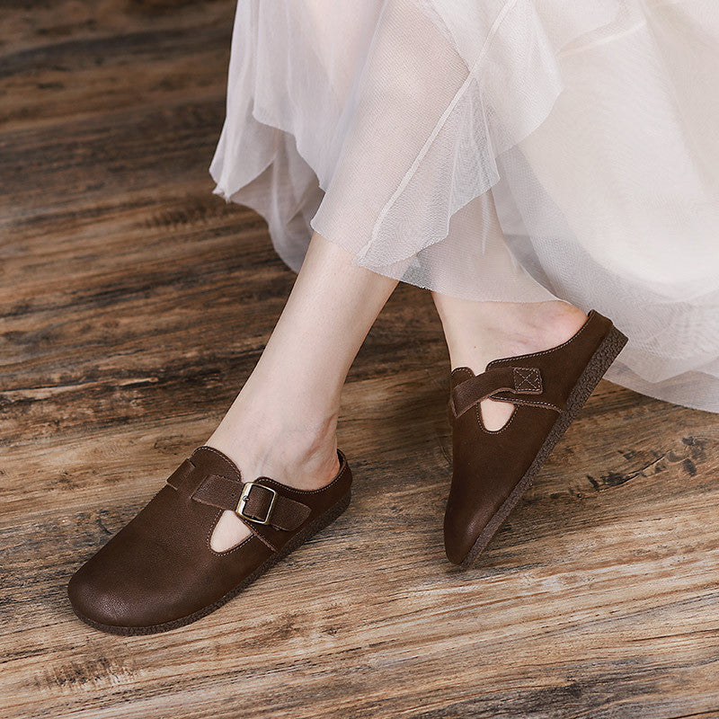 Women Summer Leather Retro Casual Flat Slippers