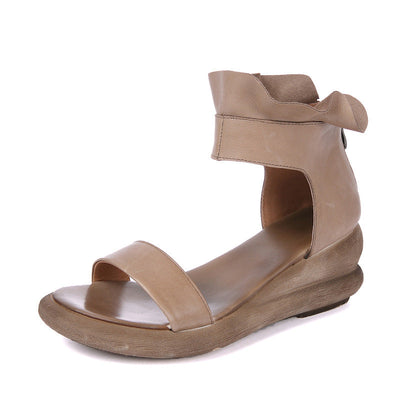 Women Summer Leather Retro Wedge Sandals Aug 2022 New Arrival 