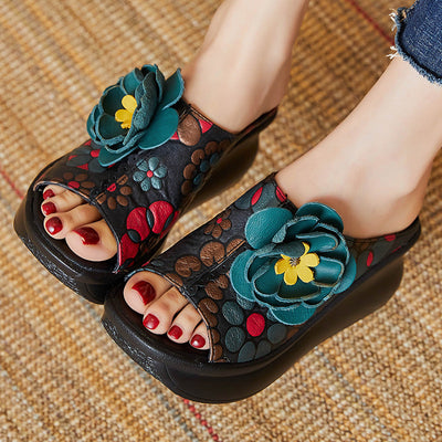 Women Summer Leather Vintage Wedge Slippers Jun 2022 New Arrival 