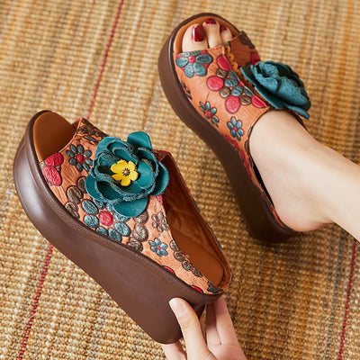 Women Summer Leather Vintage Wedge Slippers Jun 2022 New Arrival 