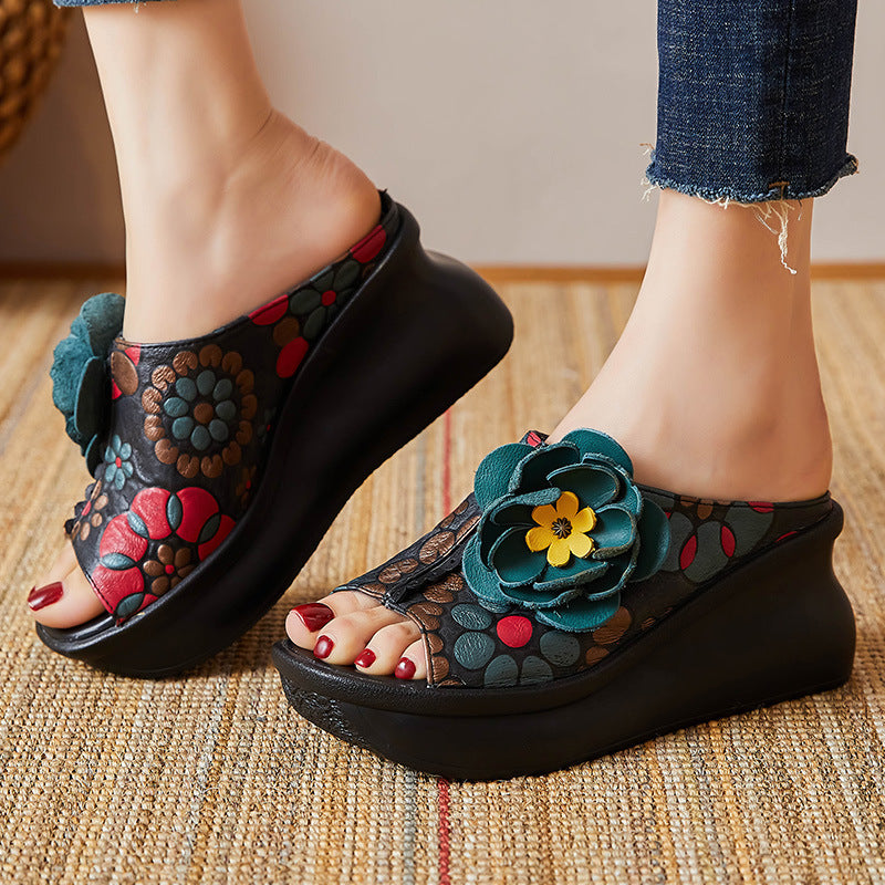 Women Summer Leather Vintage Wedge Slippers