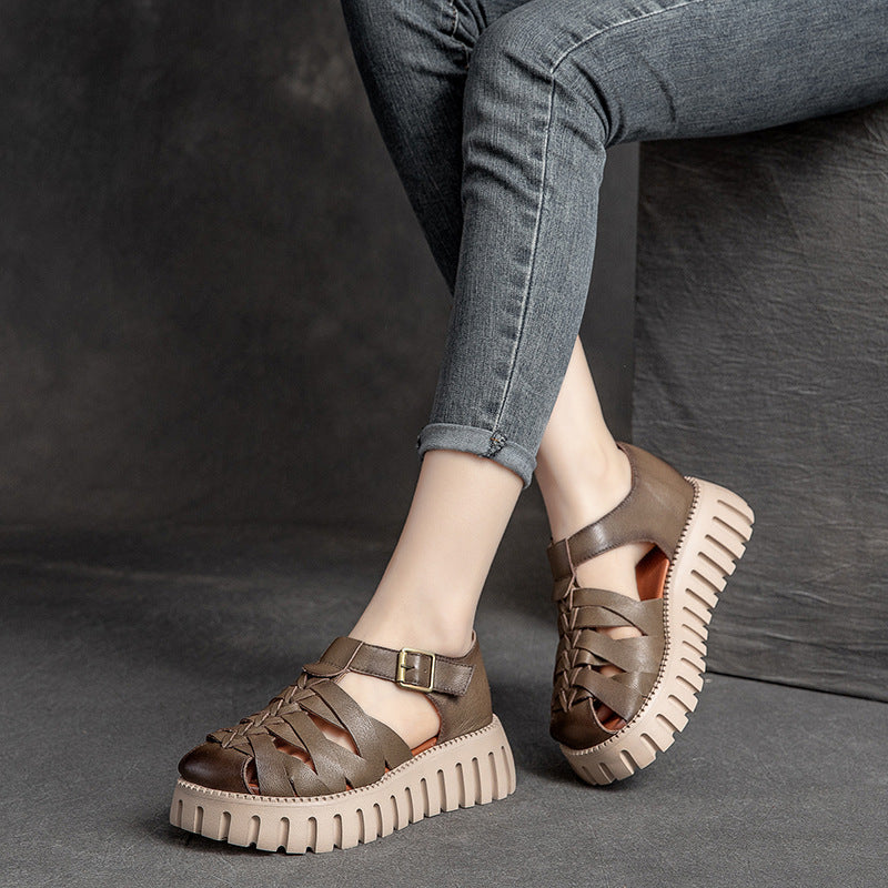 Women Summer Leather Woven Vintage Casual Sandals