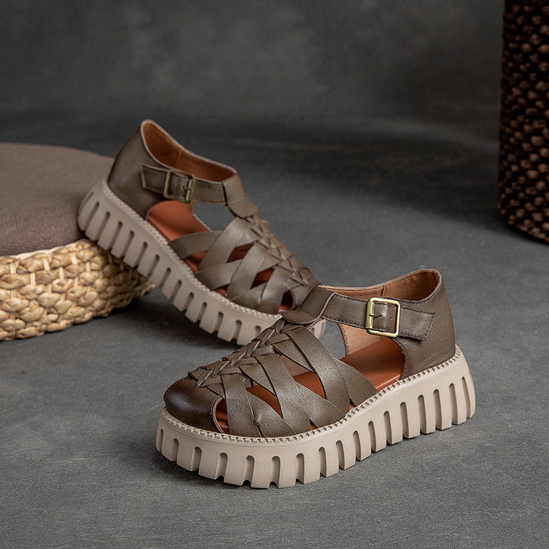 Women Summer Leather Woven Vintage Casual Sandals
