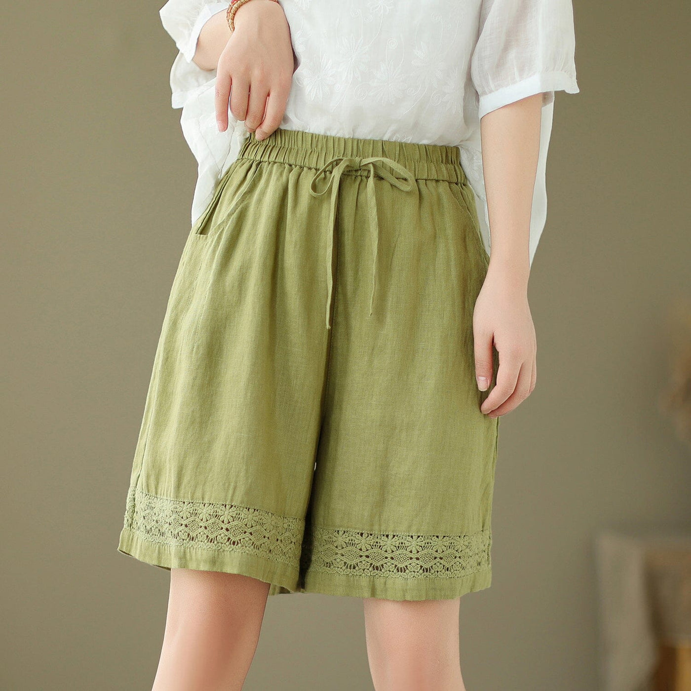 Women Summer Linen Embroidery Hollow Loose Shorts