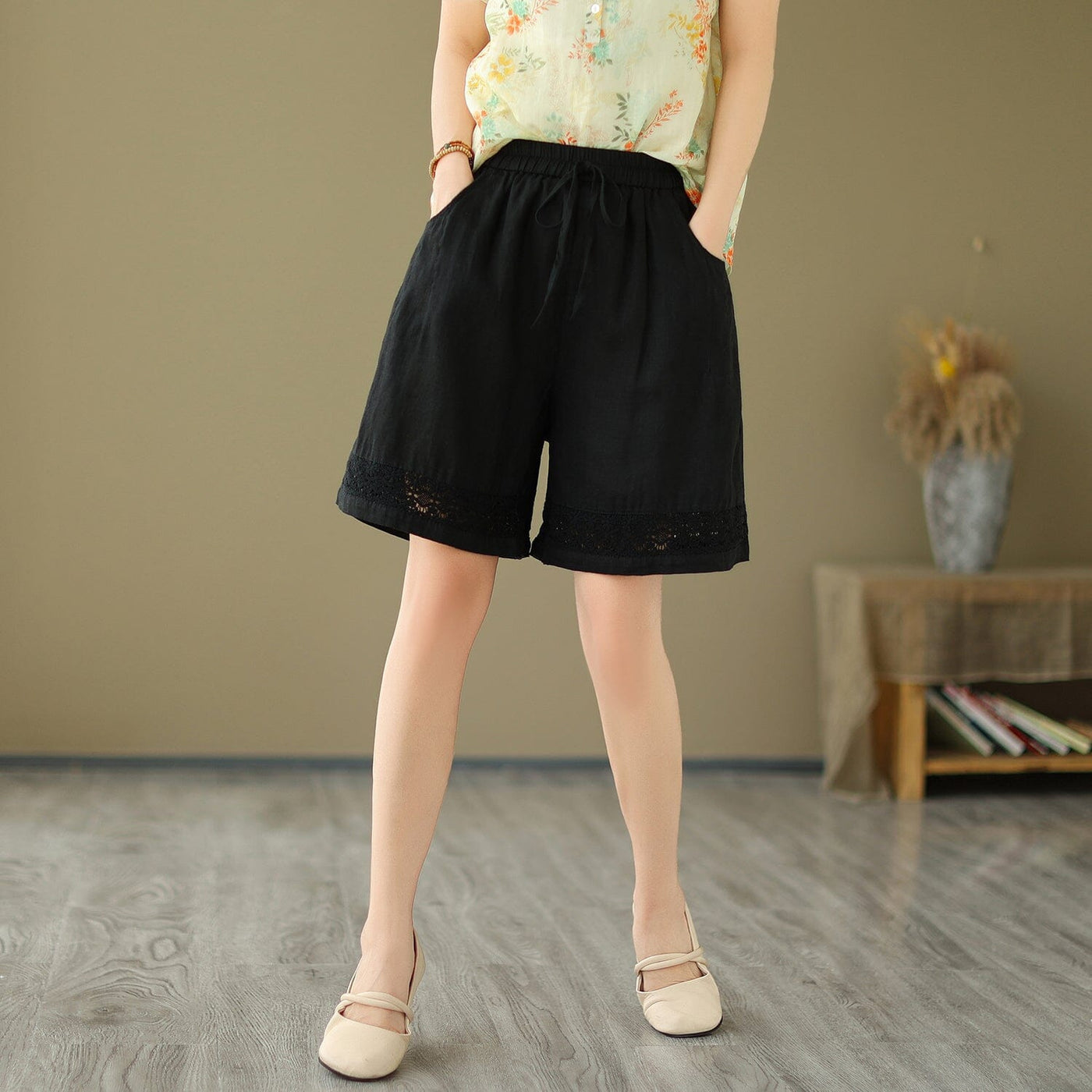 Women Summer Linen Embroidery Hollow Loose Shorts Jun 2023 New Arrival One Size Black 