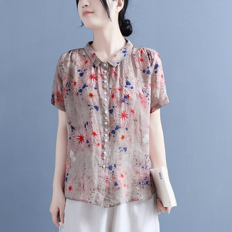 Women Summer Linen Floral Printed Loose Blouse May 2022 New Arrival 